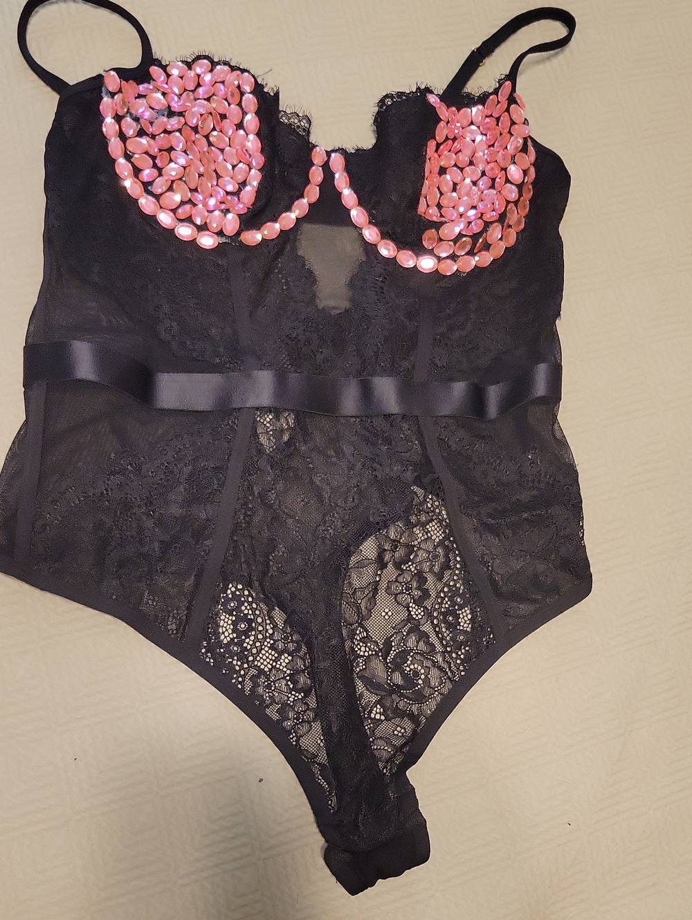 Black Lace Bodysuit with Pink Sequin Accents - Women's Intimates Large